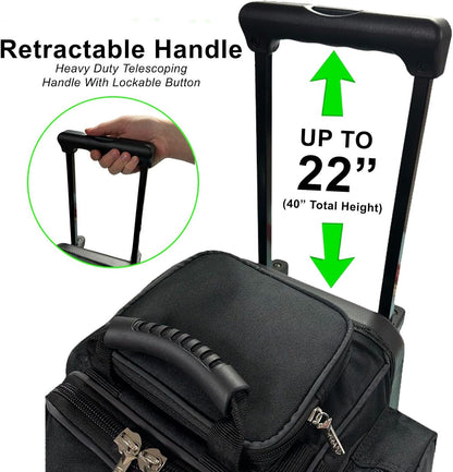 Deluxe Double Roller 2 Ball Bowling Bag with Large Separate Shoe Compartment (Up to 2 Pairs of Shoes) and Accessory Pockets, Sturdy Square Handle - Extends to 40" - Pro Options Available