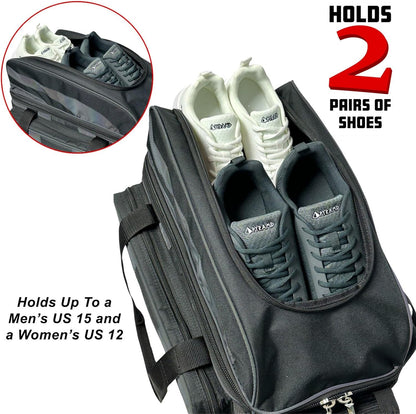 Deluxe Double Roller 2 Ball Bowling Bag with Large Separate Shoe Compartment (Up to 2 Pairs of Shoes) and Accessory Pockets, Sturdy Square Handle - Extends to 40" - Pro Options Available